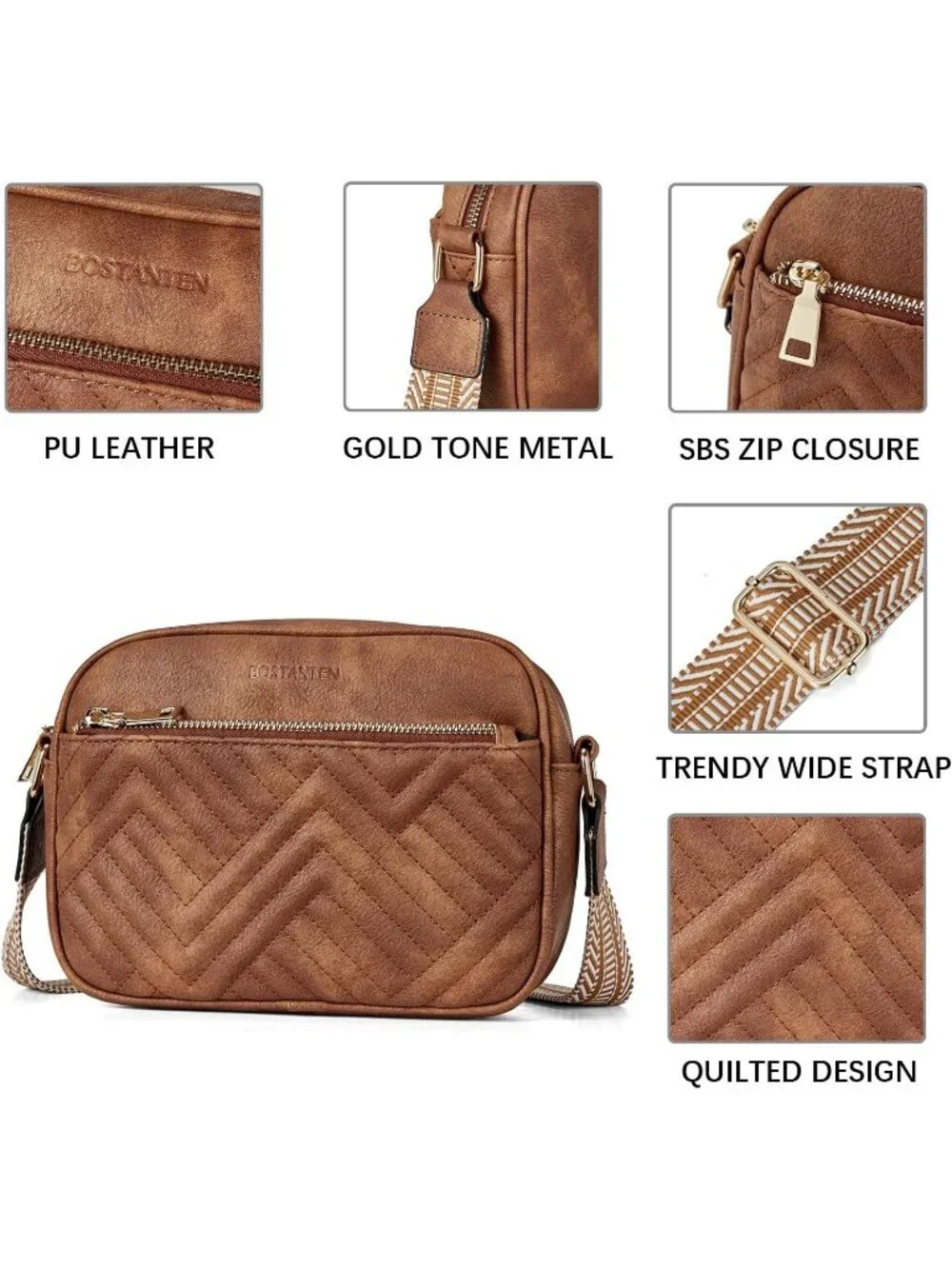 Women's Brown Leather Crossbody Purses Shoulder Handbags with Wide Strap
